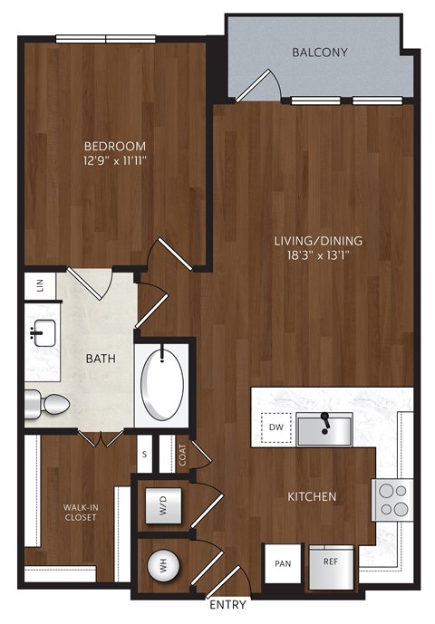 Floor plan for 1 bed, 1 bath, 776 sqft